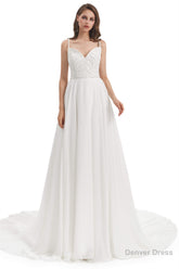 Chiffon Lace Spaghetti Straps Beading Wedding Dresses